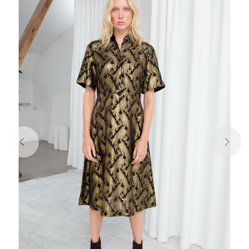 & Other Stories golden black midi shirt jacquard dress NYE holiday party